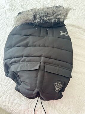 Canada pooch Black Puffer Dog Jacket with Faux Fur Hood